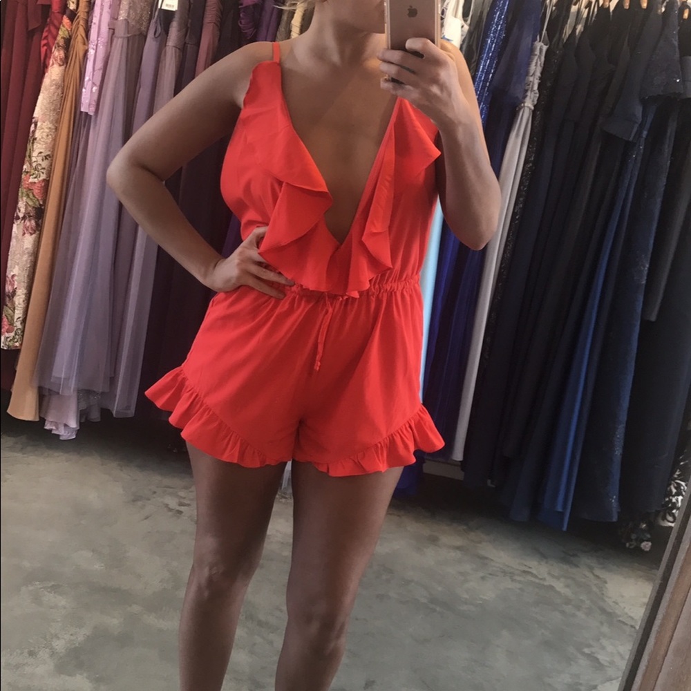 hot orange/red ruffle romper